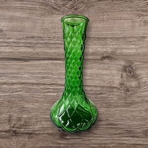 Vintage Hoosier Glass Green Diamond-Pattern Bud Vase